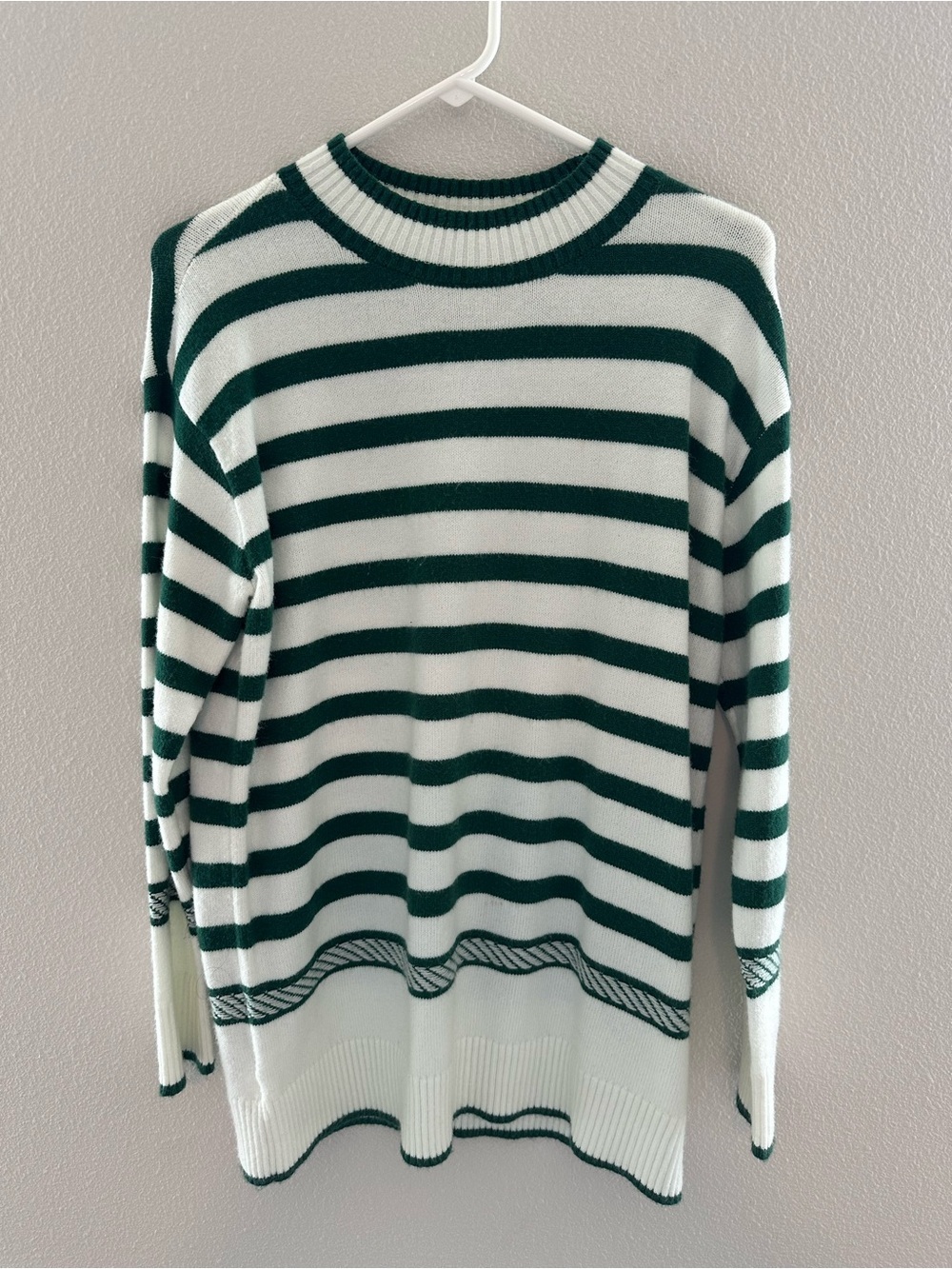 Ann Taylor Green and White Striped Crewneck Sweater